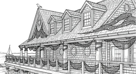 Fototapeta premium Architectural sketch of a long traditional building with sloped rooflines, repetitive windows, and detailed ornamental exterior elements along the façade.