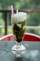 A glass of Es Cincau Hijau, traditional Indonesian green grass jelly served with coconut milk and shaved ice. A refreshing, creamy dessert drink perfect for a hot day in the tropics.