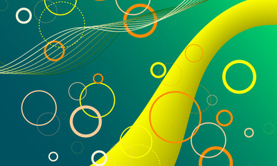yellow green smooth lines wave curves with orange yellow circles shapes funny style abstract background