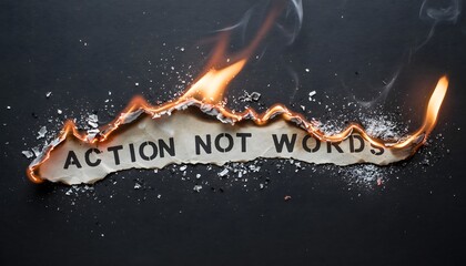 Cinematic, overhead shot of a sheet of rough, textured paper burning, with the bold black text "ACTION NOT WORDS" still visible on it