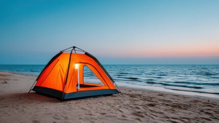 Isolated illuminated tent forming a peaceful oasis, warm lantern light contrasting vibrant sunset