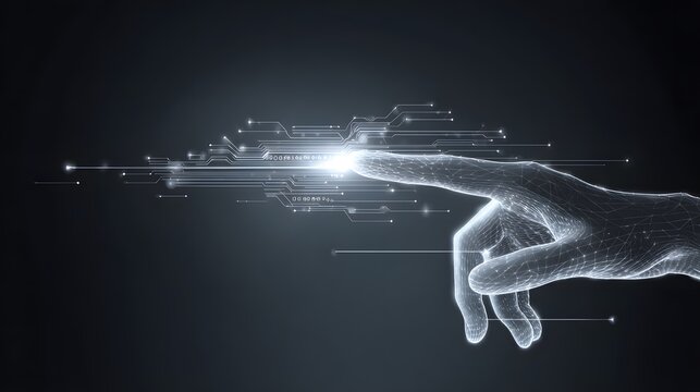 Abstract digital representation showcases a glowing, wireframe hand touching an illuminated circuit board with connected lines and dots, creating a high-tech and futuristic visual against a dark...