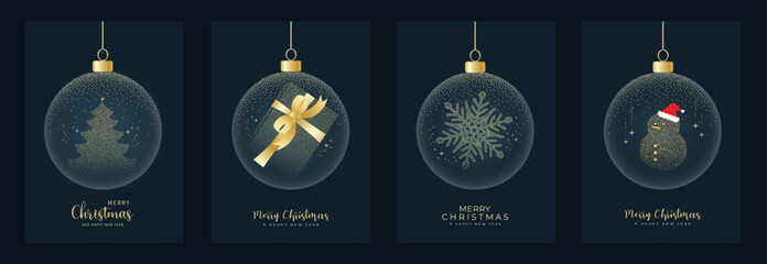 Obraz na płótnie Canvas Christmas ornament vector illustration with gold tree, snowflake, gift and festive bauble details in navy blue and gold — elegant holiday design for Christmas and New Year cards.