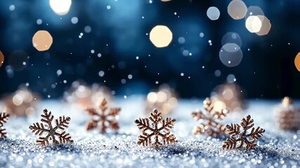 Close-up of golden snowflakes on white snow against a dark blue background with a festive shimmering lights and bokeh. Merry Christmas and Happy Holidays video greeting card with copy space. - Powered by Adobe