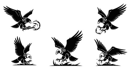 Dynamic eagle emblems capturing power and motion, perfect for sports teams, gaming, or fierce brand identities, showcasing striking predatory focus.