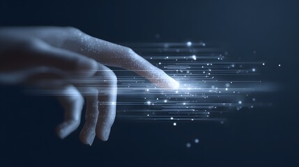 Human hand outstretched with fingertip touching a glowing, bright light trail, emanating from the point of contact, creating a futuristic and abstract depiction against a dark blue background.