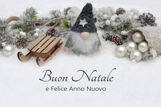 Biglietto di auguri di Natale: auguri natalizi con palline per l'albero di Natale, rami di abete e uno gnomo nella neve. Il testo italiano "Buon Natale e Felice Anno Nuovo" &egrave; scritto sulla neve.