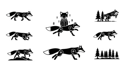 Dynamic robotic foxes in various poses and natural forest settings, perfect for modern design and whimsical concepts