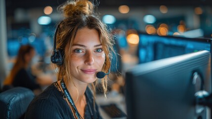 Professional Woman Working Late at Night in Modern Office with Headset and Laptop, Focused on Tasks, Surrounded by City Lights