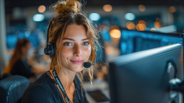 Professional Woman Working Late at Night in Modern Office with Headset and Laptop, Focused on Tasks, Surrounded by City Lights