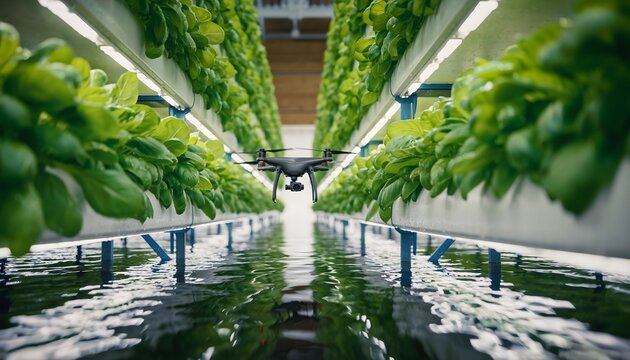 Agricultural drone monitoring hydroponic lettuce farm, a dynamic high-tech farming scene