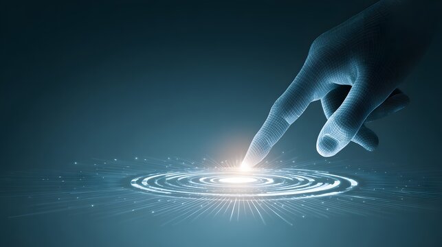 Holographic hand touches an illuminated digital interface with glowing circles and radiating light, showcasing the concepts of connection, technology, and the future in a futuristic composition. - Powered by Adobe