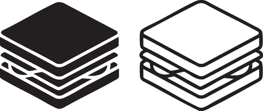 Two isometric sandwich icons one solid black silhouette and one outline isolated on transparent background