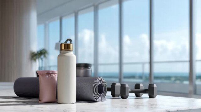 Fitness equipment arrangement on a marble surface, showcasing a water bottle, dumbbells, and yoga mats, with a gradual zoom in capturing the scene's details and ambiance