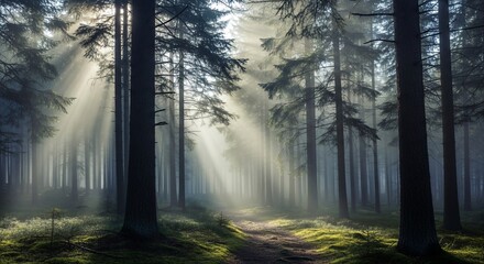 Fototapeta premium Sunbeams Through Forest Trees - Misty Morning Light in Woodland, Nature Scene.