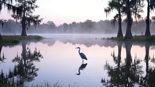 A flock of migratory birds silhouetted against a dramatic sunset sky, creating dynamic patterns as they fly over a serene, reflective wetland. Mid shot emphasizing the collective movement of the?