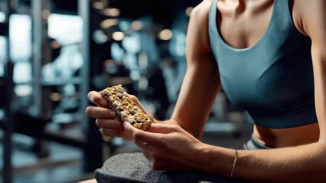 Athletic woman in activewear holds a nutritious snack bar, showcasing focus and determination, with camera zooming in to emphasize her engagement and the healthy choice