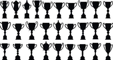 Set of trophy cup silhouette vector illustrations, award collection design for competition, success achievement, sports and victory concept, black flat graphic art