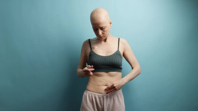 Female cancer patient using syringe for subcutaneous injection in stomach, concept of healthcare, therapy, and support.