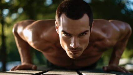 Athletic man performing push-ups in a natural outdoor setting, showcasing strength and determination, with camera zooming in to capture intense focus and effort