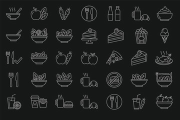 Collection of hand drawn food and drink icons in white outline style on a black background
