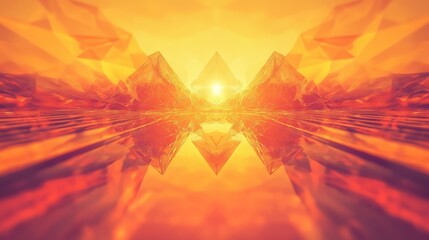 Abstract crystal pyramid landscape reflecting glowing sunset colors