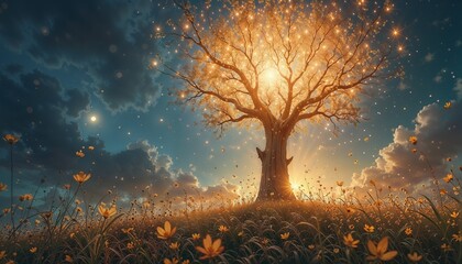 A majestic tree stands on a hill, illuminated by a warm glow. Surrounding it are autumn leaves and a starry night sky, creating a serene atmosphere.