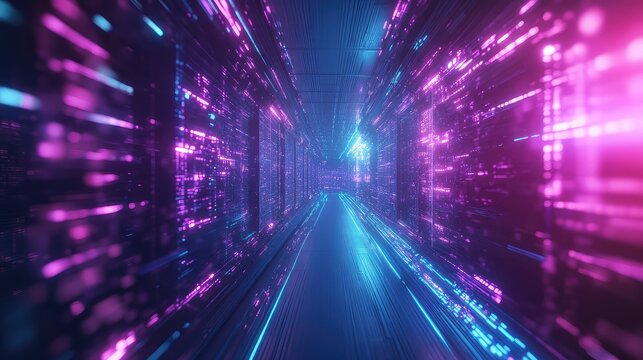 Digital data flowing through futuristic cyber tunnel network