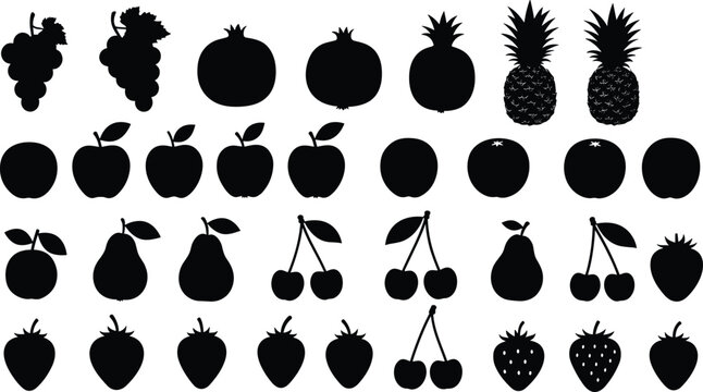 Set of various fruit silhouettes including grapes, apples, pears, cherries, strawberries, pineapples, and pomegranates, black vector illustration design for healthy food themes