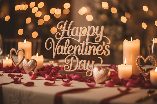 Romantic Valentine's Day dinner setting with candles and rose petals creating a warm and loving ambiance for a memorable date night experience