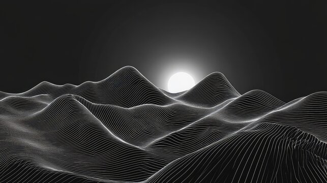 Digital landscape with wireframe waves and bright sun