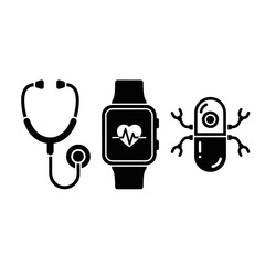 Revolutionary healthcare icons stethoscope smart watch and futuristic capsule representing innovation and advanced medical technology