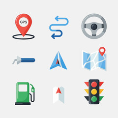 Dynamic navigation icons for modern travel planning, location pinpointing, and route guidance, perfect for apps and services