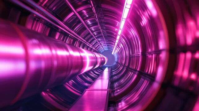 Scientific particle accelerator tunnel with vibrant pink illumination