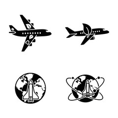 Eco-friendly aviation and space exploration icons symbolizing sustainable travel and futuristic journeys