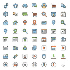 Modern collection of universal icons representing business, technology, communication, and lifestyle, perfect for web and app design projects