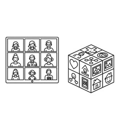 Diverse group connects virtually on screen while a symbolic cube represents family, health, and memories in a modern concept.