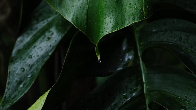 fresh rain on tropical jungle foliage