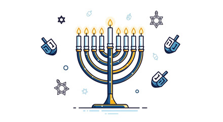 A Hanukkah menorah with nine candles lit, surrounded by dreidels and Star of David symbols, representing the Jewish Festival of Lights.