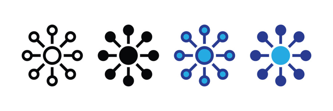 Central hub and spoke network connection diagram icon with variations of line and solid fill in black and blue colors, representing data linkage.