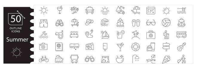 Summer Vacation Icon Set,Beach, Sun, Tropical. Travel Vector Collection, Cute Summer Illustrations, Ice Cream, Palm Trees, Swimwear. Holiday Symbols, Tropical Beach Vector Pack.