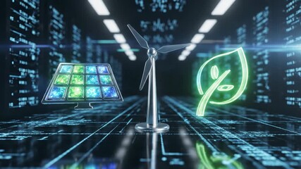 A digital illustration showcasing renewable energy sources, including solar panels and wind turbines. - Powered by Adobe