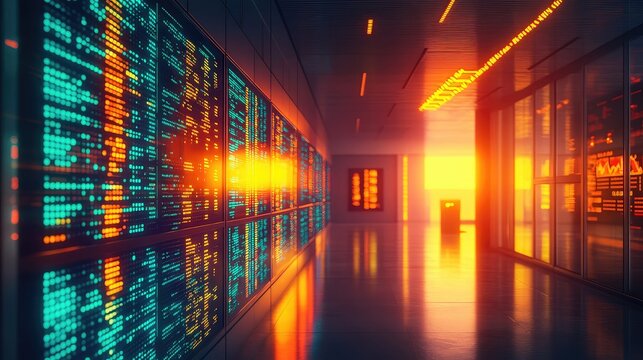 Server room displaying digital data and artificial intelligence concepts
