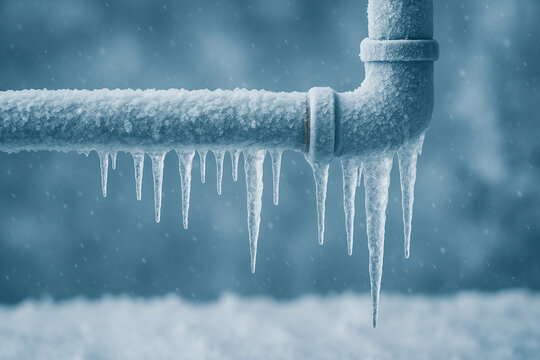 Frozen metal pipe covered with frost and long icicles in winter. Close-up scene showing extreme cold, ice buildup, home exterior freezing and seasonal maintenance problems.