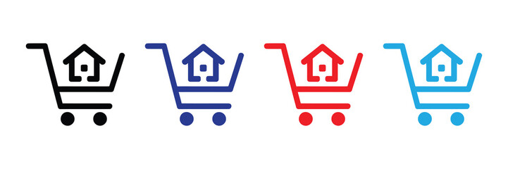 Set of four shopping cart icons with house symbol inside, representing real estate purchase or home buying concept, isolated on white.