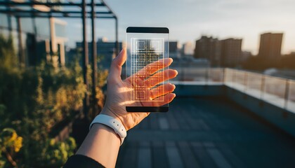 A young woman's hand holds a transparent, holographic smartphone displaying a digital blueprint in an outdoor city setting at sunset.