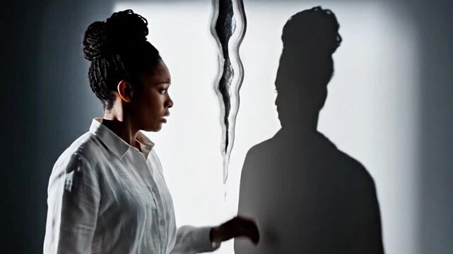 Shadow of a person splitting into two to show inner conflict.
