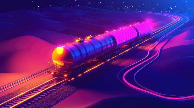Futuristic train transporting cargo at night in neon desert