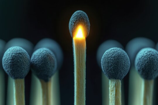 Burning matchstick stands out among unlit matches in dark background - Powered by Adobe