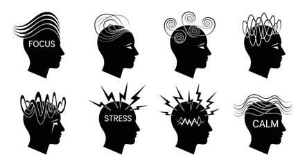 Visualizing mental states from intense focus to serene calm, capturing diverse cognitive experiences and emotional journeys through striking silhouettes